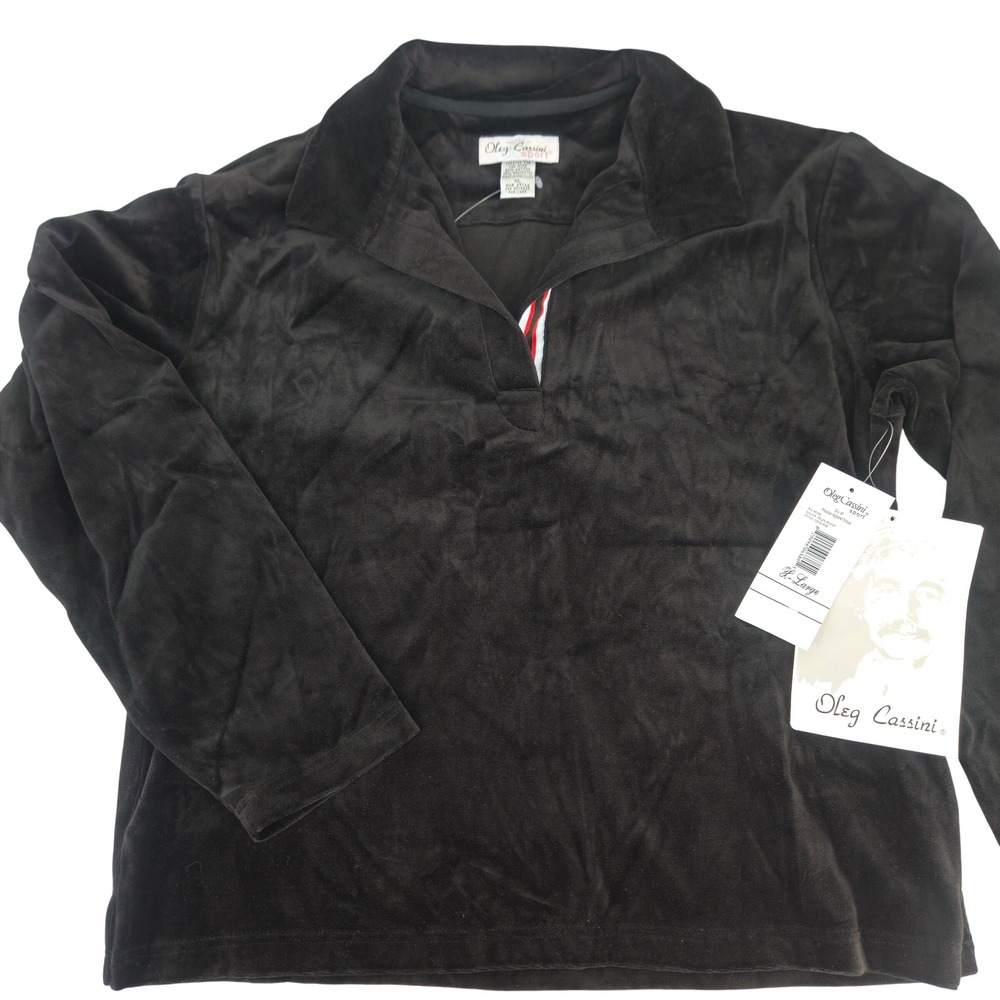 NWT Vtg 90s Oleg Cassini Sport‎ Velour Pullover Top Long Sleeve Stripe Collar XL